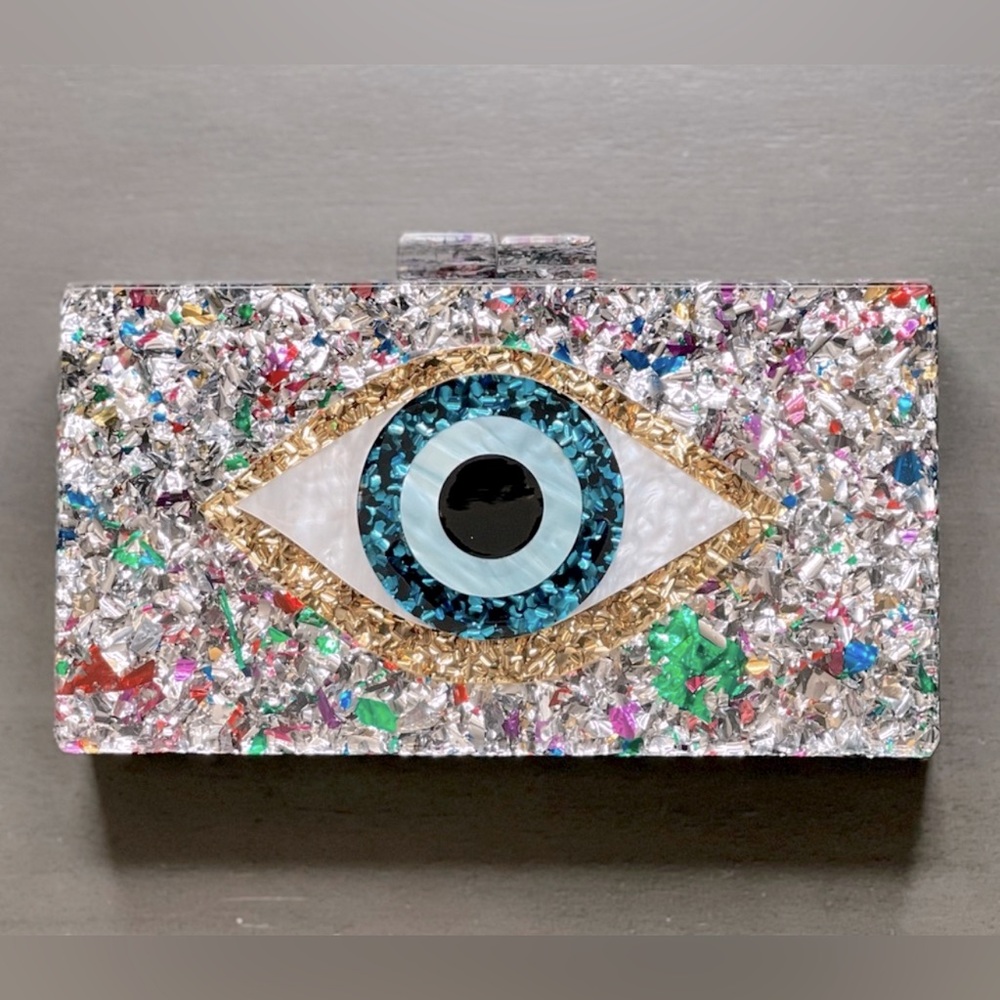 Large Evil Eye Multicolor Confetti
Silver Pink Glitter Acrylic Box
Purse Bag